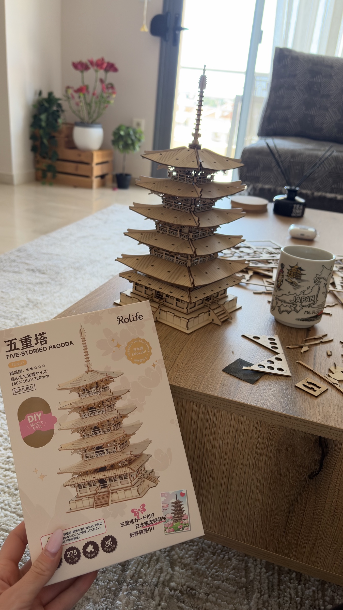 A handmade wooden five-storey pagoda model