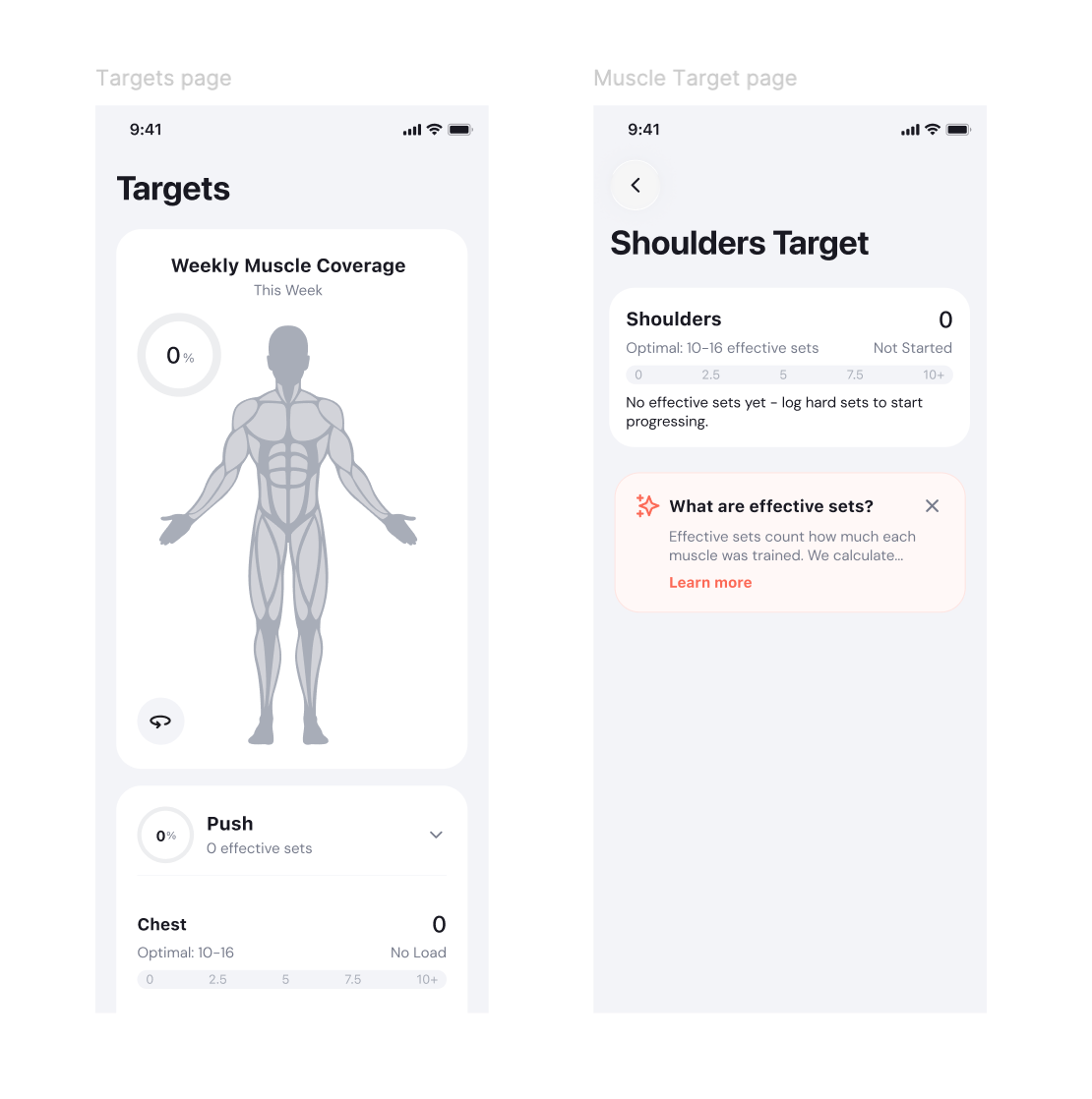 Earlier Targets and muscle target screens before the effective sets explanation was moved