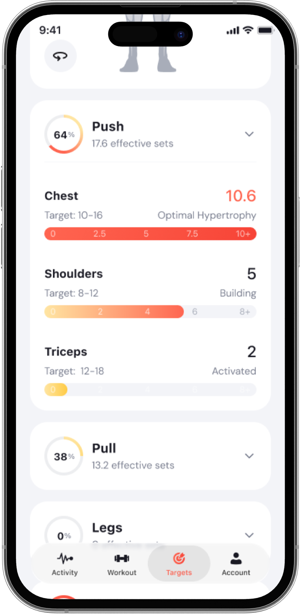 BYLD effective sets detail view shown in an iPhone 14 mockup