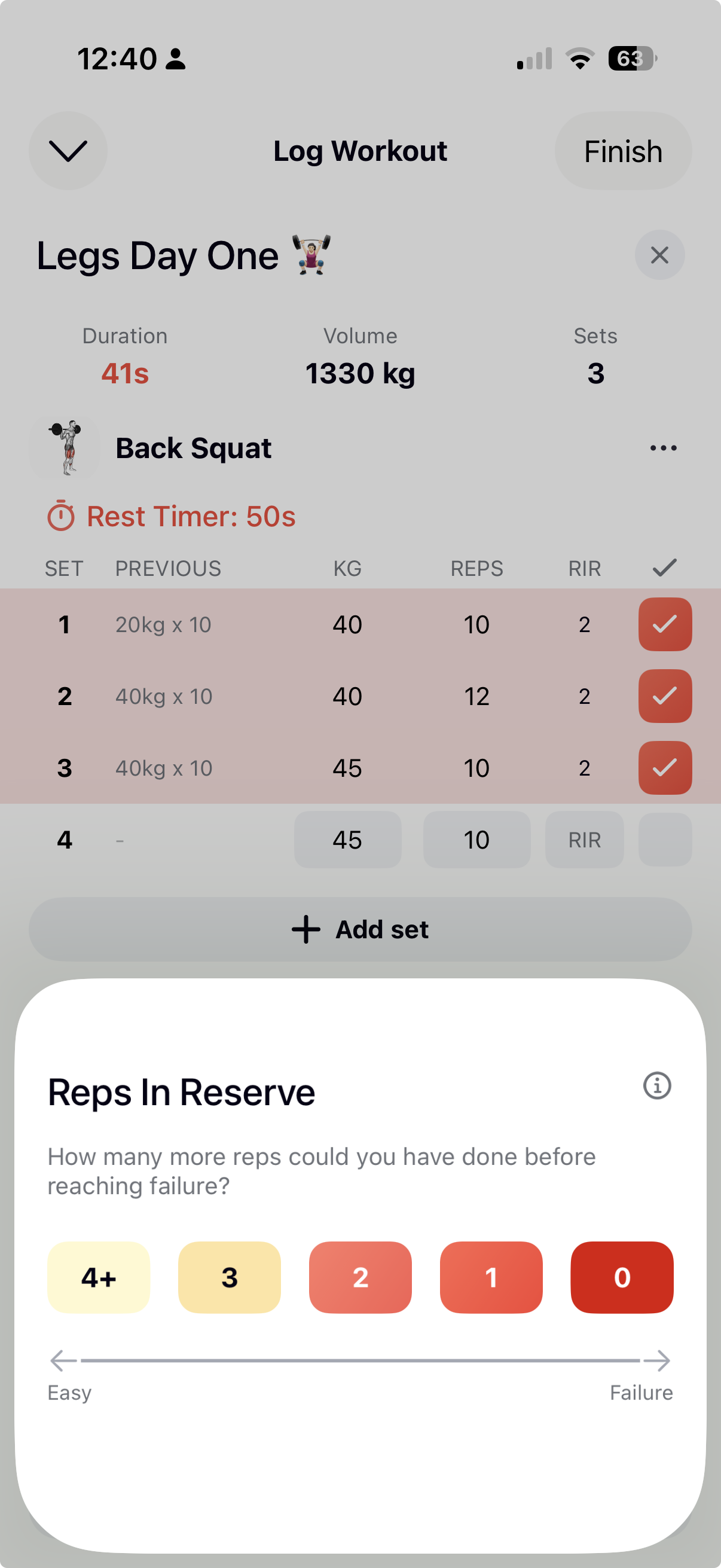 BYLD Legs Day One workout with back squat logging and Reps In Reserve guidance