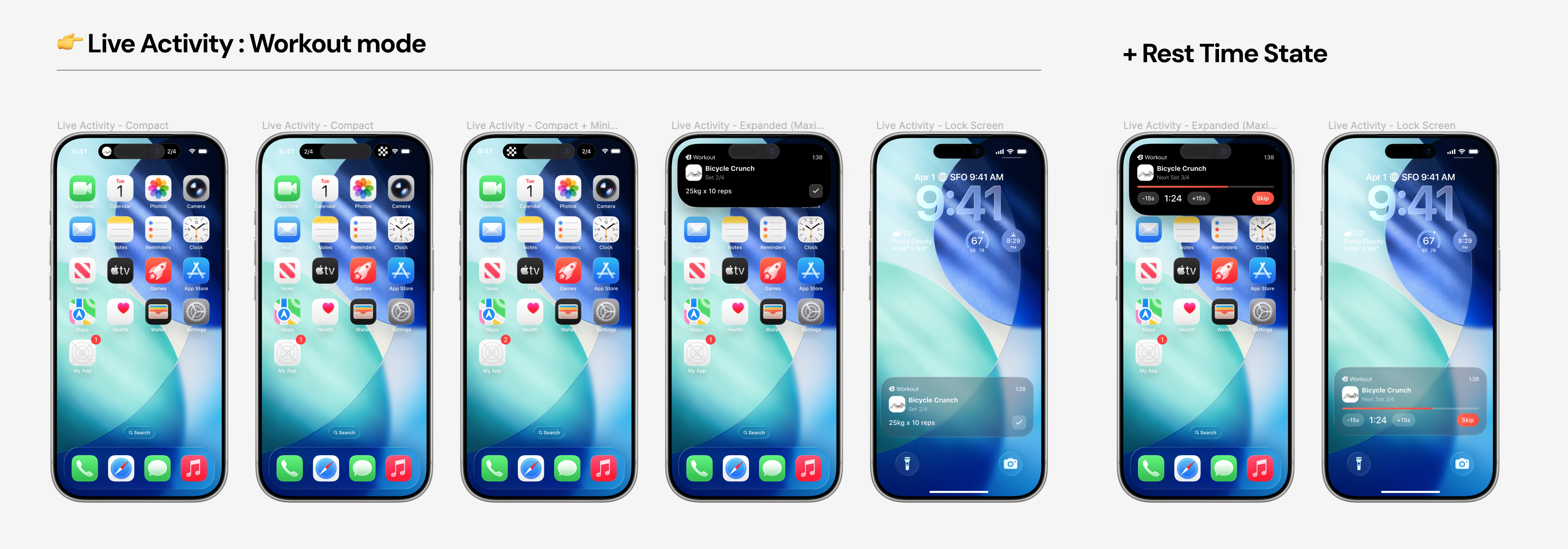 BYLD Live Activity designs showing workout sets and rest timers in the Dynamic Island and on the lock screen